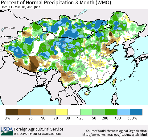China, Mongolia and Taiwan Percent of Normal Precipitation 3-Month (WMO) Thematic Map For 12/11/2022 - 3/10/2023