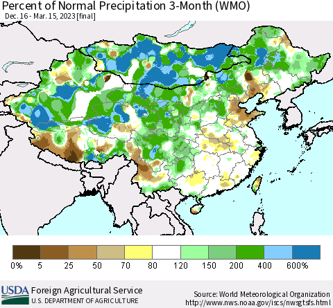 China, Mongolia and Taiwan Percent of Normal Precipitation 3-Month (WMO) Thematic Map For 12/16/2022 - 3/15/2023