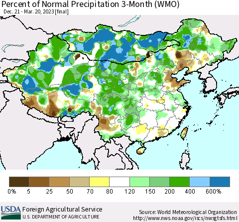 China, Mongolia and Taiwan Percent of Normal Precipitation 3-Month (WMO) Thematic Map For 12/21/2022 - 3/20/2023