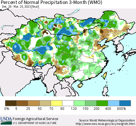 China, Mongolia and Taiwan Percent of Normal Precipitation 3-Month (WMO) Thematic Map For 12/26/2022 - 3/25/2023