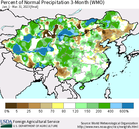China, Mongolia and Taiwan Percent of Normal Precipitation 3-Month (WMO) Thematic Map For 1/1/2023 - 3/31/2023