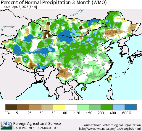 China, Mongolia and Taiwan Percent of Normal Precipitation 3-Month (WMO) Thematic Map For 1/6/2023 - 4/5/2023