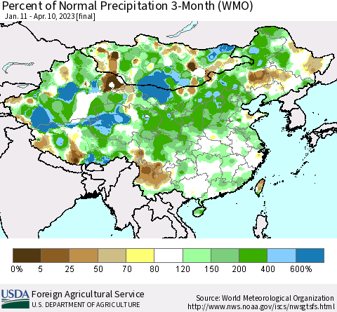 China, Mongolia and Taiwan Percent of Normal Precipitation 3-Month (WMO) Thematic Map For 1/11/2023 - 4/10/2023