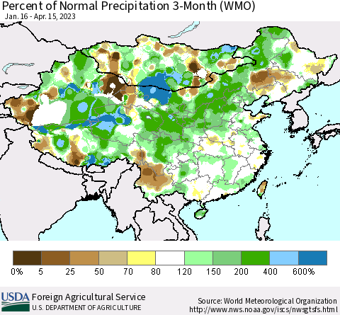 China, Mongolia and Taiwan Percent of Normal Precipitation 3-Month (WMO) Thematic Map For 1/16/2023 - 4/15/2023
