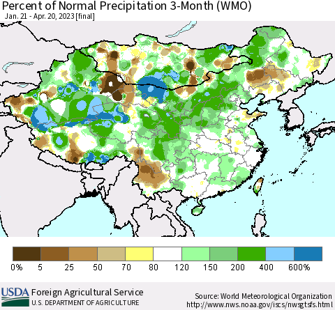 China, Mongolia and Taiwan Percent of Normal Precipitation 3-Month (WMO) Thematic Map For 1/21/2023 - 4/20/2023
