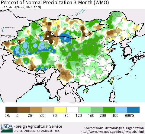 China, Mongolia and Taiwan Percent of Normal Precipitation 3-Month (WMO) Thematic Map For 1/26/2023 - 4/25/2023