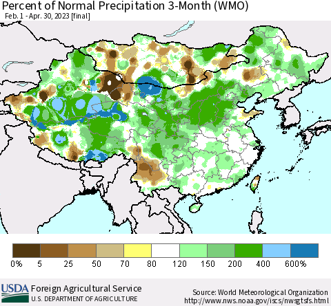 China, Mongolia and Taiwan Percent of Normal Precipitation 3-Month (WMO) Thematic Map For 2/1/2023 - 4/30/2023