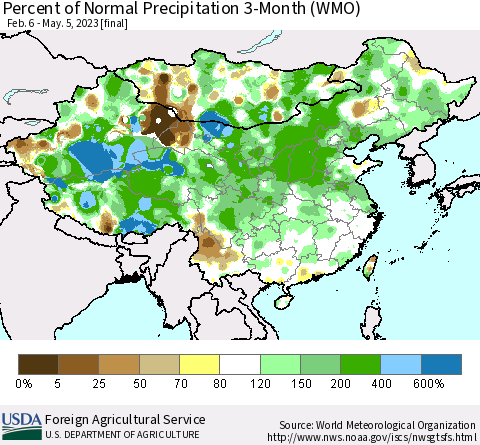 China, Mongolia and Taiwan Percent of Normal Precipitation 3-Month (WMO) Thematic Map For 2/6/2023 - 5/5/2023