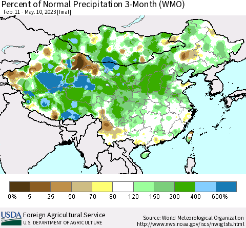 China, Mongolia and Taiwan Percent of Normal Precipitation 3-Month (WMO) Thematic Map For 2/11/2023 - 5/10/2023