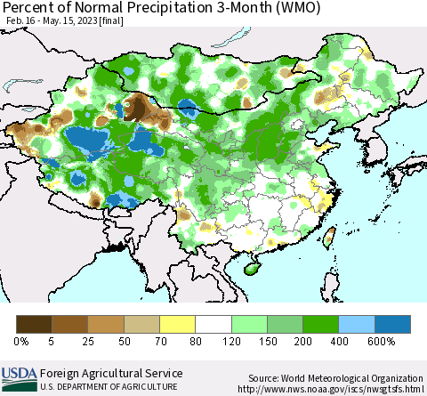 China, Mongolia and Taiwan Percent of Normal Precipitation 3-Month (WMO) Thematic Map For 2/16/2023 - 5/15/2023