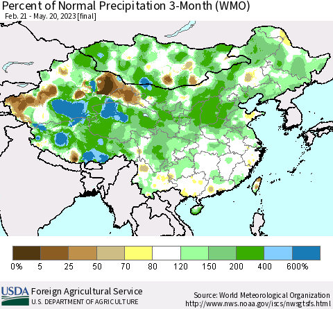 China, Mongolia and Taiwan Percent of Normal Precipitation 3-Month (WMO) Thematic Map For 2/21/2023 - 5/20/2023