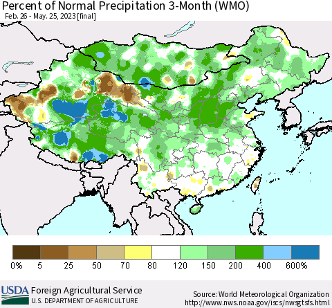 China, Mongolia and Taiwan Percent of Normal Precipitation 3-Month (WMO) Thematic Map For 2/26/2023 - 5/25/2023