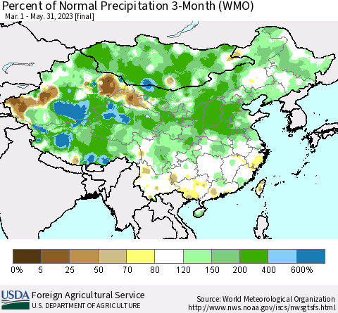 China, Mongolia and Taiwan Percent of Normal Precipitation 3-Month (WMO) Thematic Map For 3/1/2023 - 5/31/2023
