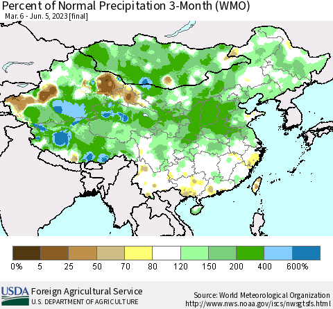 China, Mongolia and Taiwan Percent of Normal Precipitation 3-Month (WMO) Thematic Map For 3/6/2023 - 6/5/2023