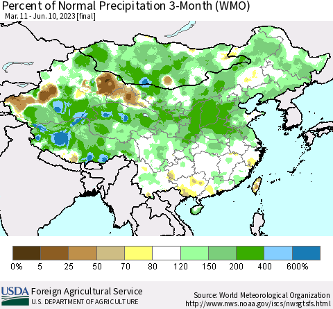 China, Mongolia and Taiwan Percent of Normal Precipitation 3-Month (WMO) Thematic Map For 3/11/2023 - 6/10/2023