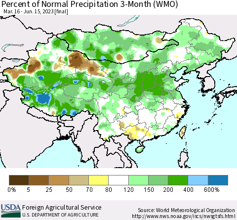 China, Mongolia and Taiwan Percent of Normal Precipitation 3-Month (WMO) Thematic Map For 3/16/2023 - 6/15/2023