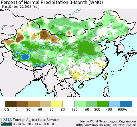 China, Mongolia and Taiwan Percent of Normal Precipitation 3-Month (WMO) Thematic Map For 3/21/2023 - 6/20/2023