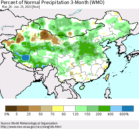 China, Mongolia and Taiwan Percent of Normal Precipitation 3-Month (WMO) Thematic Map For 3/26/2023 - 6/25/2023