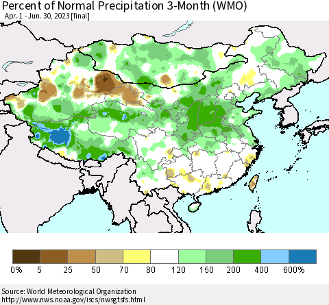 China, Mongolia and Taiwan Percent of Normal Precipitation 3-Month (WMO) Thematic Map For 4/1/2023 - 6/30/2023