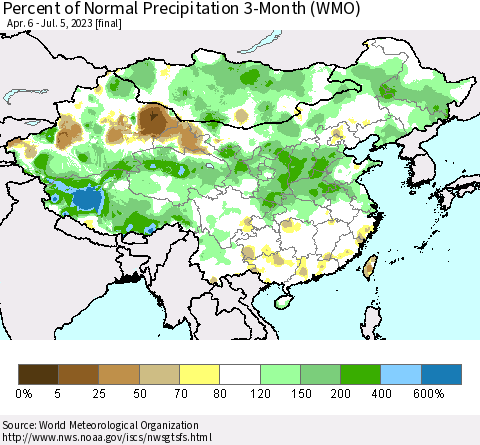 China, Mongolia and Taiwan Percent of Normal Precipitation 3-Month (WMO) Thematic Map For 4/6/2023 - 7/5/2023