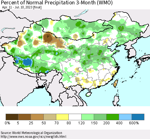 China, Mongolia and Taiwan Percent of Normal Precipitation 3-Month (WMO) Thematic Map For 4/11/2023 - 7/10/2023