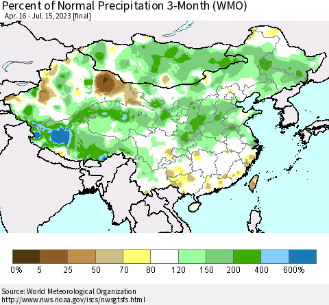 China, Mongolia and Taiwan Percent of Normal Precipitation 3-Month (WMO) Thematic Map For 4/16/2023 - 7/15/2023