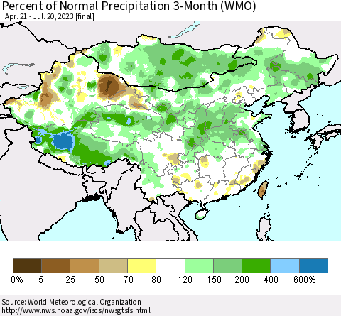 China, Mongolia and Taiwan Percent of Normal Precipitation 3-Month (WMO) Thematic Map For 4/21/2023 - 7/20/2023