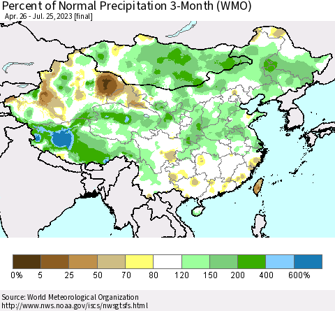 China, Mongolia and Taiwan Percent of Normal Precipitation 3-Month (WMO) Thematic Map For 4/26/2023 - 7/25/2023