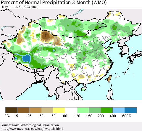 China, Mongolia and Taiwan Percent of Normal Precipitation 3-Month (WMO) Thematic Map For 5/1/2023 - 7/31/2023