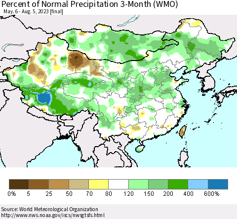 China, Mongolia and Taiwan Percent of Normal Precipitation 3-Month (WMO) Thematic Map For 5/6/2023 - 8/5/2023