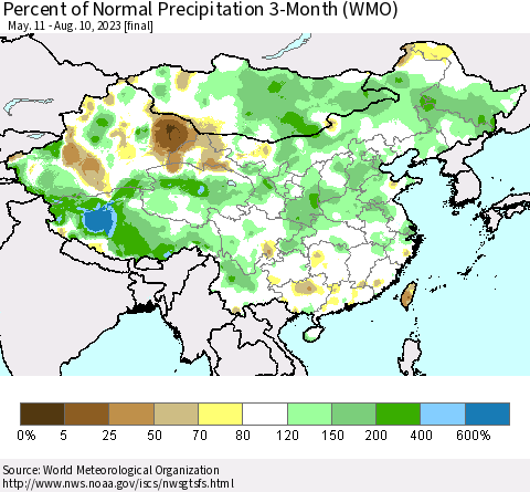 China, Mongolia and Taiwan Percent of Normal Precipitation 3-Month (WMO) Thematic Map For 5/11/2023 - 8/10/2023