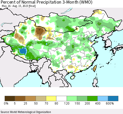 China, Mongolia and Taiwan Percent of Normal Precipitation 3-Month (WMO) Thematic Map For 5/16/2023 - 8/15/2023