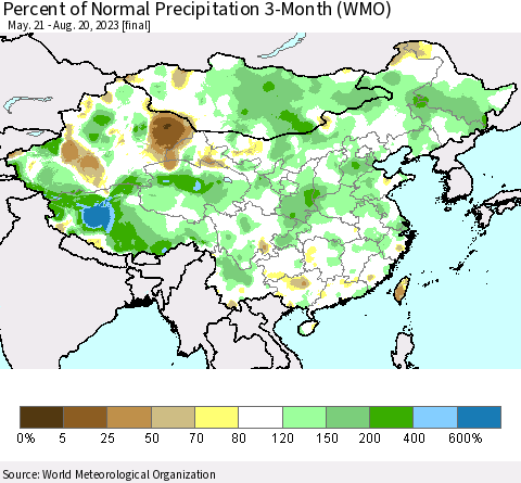 China, Mongolia and Taiwan Percent of Normal Precipitation 3-Month (WMO) Thematic Map For 5/21/2023 - 8/20/2023