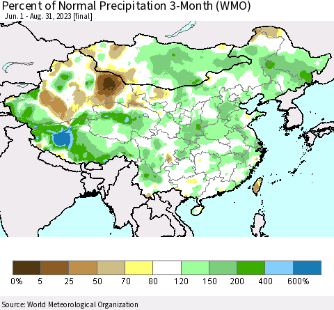 China, Mongolia and Taiwan Percent of Normal Precipitation 3-Month (WMO) Thematic Map For 6/1/2023 - 8/31/2023