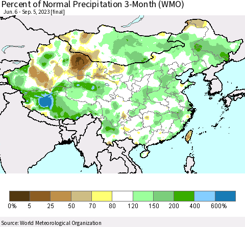 China, Mongolia and Taiwan Percent of Normal Precipitation 3-Month (WMO) Thematic Map For 6/6/2023 - 9/5/2023