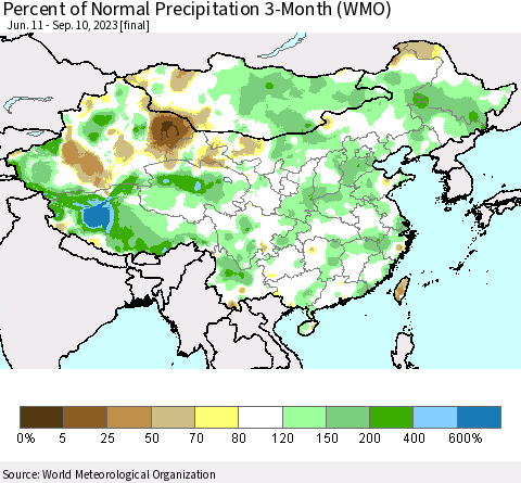 China, Mongolia and Taiwan Percent of Normal Precipitation 3-Month (WMO) Thematic Map For 6/11/2023 - 9/10/2023