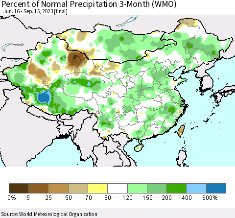 China, Mongolia and Taiwan Percent of Normal Precipitation 3-Month (WMO) Thematic Map For 6/16/2023 - 9/15/2023