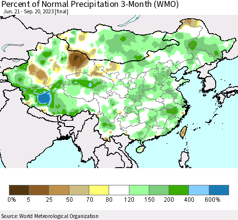 China, Mongolia and Taiwan Percent of Normal Precipitation 3-Month (WMO) Thematic Map For 6/21/2023 - 9/20/2023