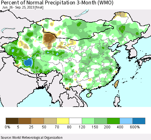 China, Mongolia and Taiwan Percent of Normal Precipitation 3-Month (WMO) Thematic Map For 6/26/2023 - 9/25/2023