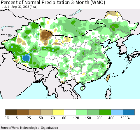 China, Mongolia and Taiwan Percent of Normal Precipitation 3-Month (WMO) Thematic Map For 7/1/2023 - 9/30/2023