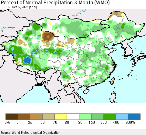 China, Mongolia and Taiwan Percent of Normal Precipitation 3-Month (WMO) Thematic Map For 7/6/2023 - 10/5/2023