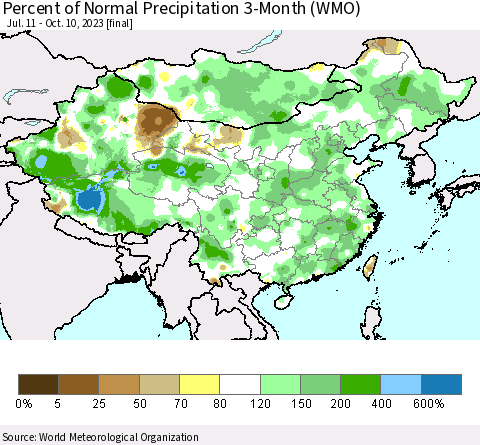 China, Mongolia and Taiwan Percent of Normal Precipitation 3-Month (WMO) Thematic Map For 7/11/2023 - 10/10/2023