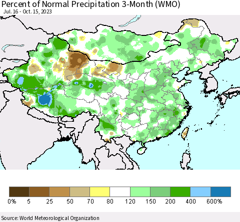 China, Mongolia and Taiwan Percent of Normal Precipitation 3-Month (WMO) Thematic Map For 7/16/2023 - 10/15/2023