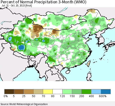 China, Mongolia and Taiwan Percent of Normal Precipitation 3-Month (WMO) Thematic Map For 7/21/2023 - 10/20/2023