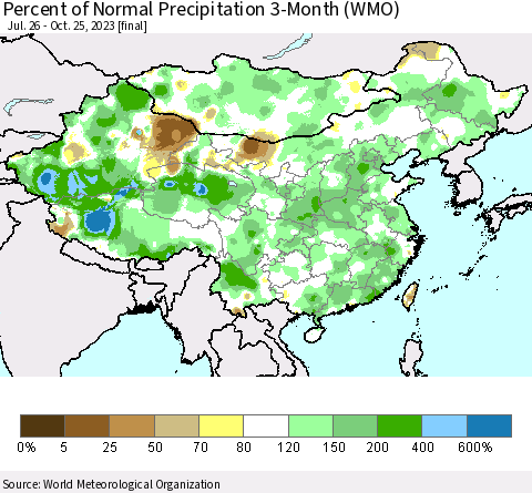 China, Mongolia and Taiwan Percent of Normal Precipitation 3-Month (WMO) Thematic Map For 7/26/2023 - 10/25/2023