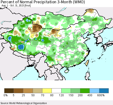 China, Mongolia and Taiwan Percent of Normal Precipitation 3-Month (WMO) Thematic Map For 8/1/2023 - 10/31/2023