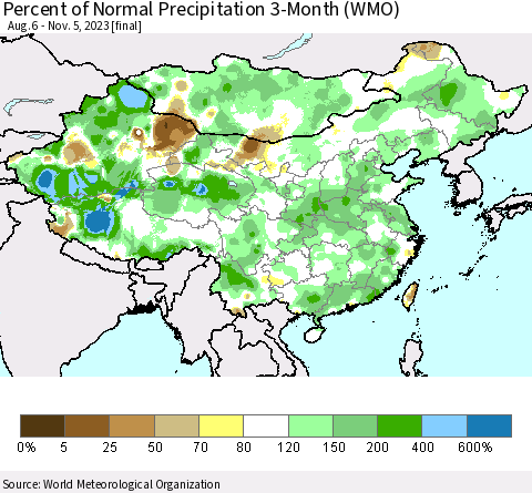 China, Mongolia and Taiwan Percent of Normal Precipitation 3-Month (WMO) Thematic Map For 8/6/2023 - 11/5/2023