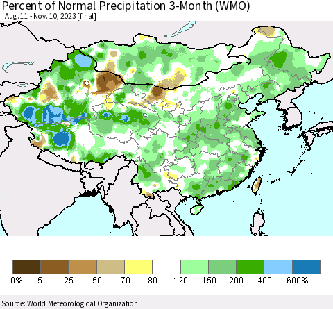 China, Mongolia and Taiwan Percent of Normal Precipitation 3-Month (WMO) Thematic Map For 8/11/2023 - 11/10/2023