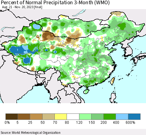 China, Mongolia and Taiwan Percent of Normal Precipitation 3-Month (WMO) Thematic Map For 8/21/2023 - 11/20/2023