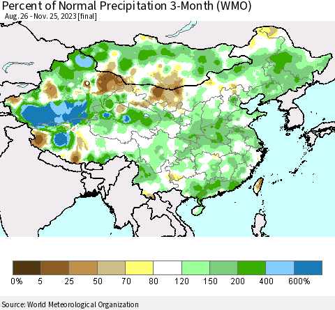 China, Mongolia and Taiwan Percent of Normal Precipitation 3-Month (WMO) Thematic Map For 8/26/2023 - 11/25/2023